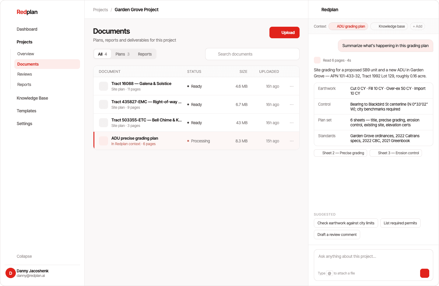 Redplan chat citing sources on project documents