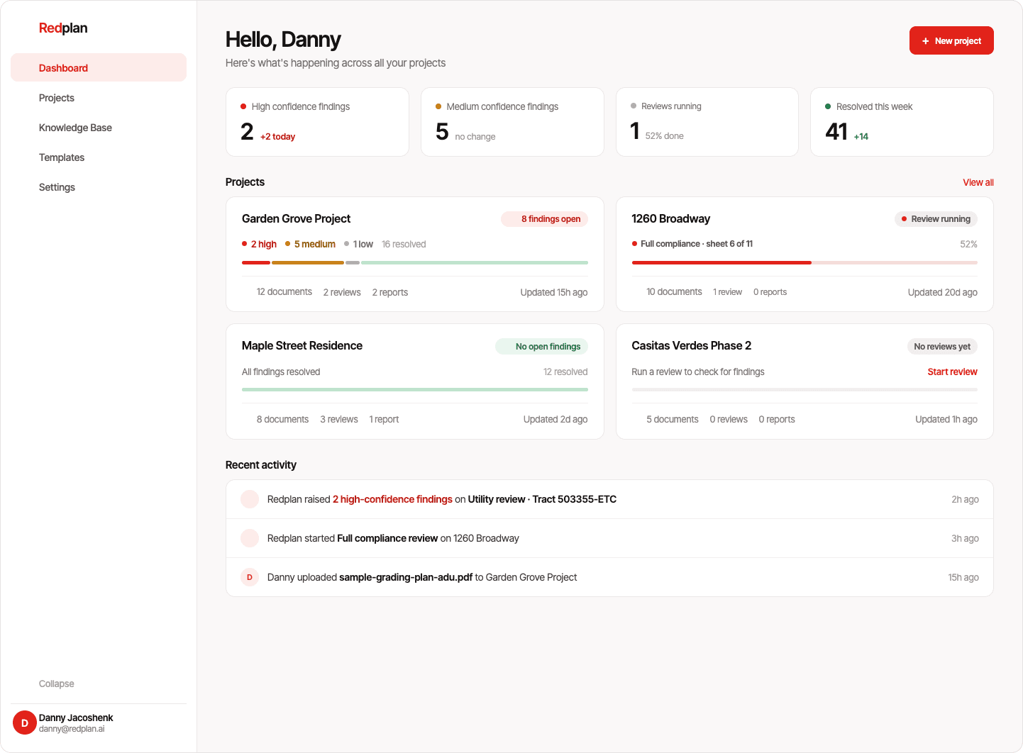 Redplan dashboard showing findings across projects