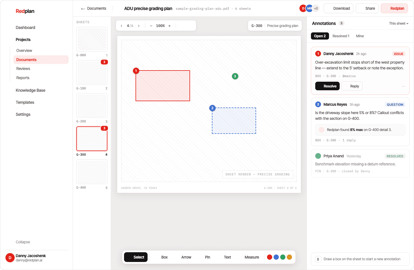 Plan sheet viewer with located findings